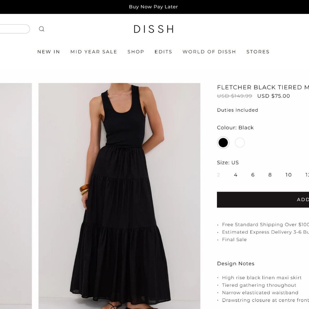 DISSH FLETCHER BLACK TIERED MAXI SKIRT
